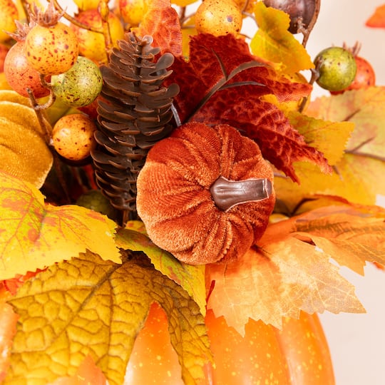 Glitzhome® 15" Fall Velvet Pumpkin, Pinecone & Berry Centerpiece